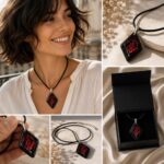 Wisiorek Trapez Czarny Dąb 7500 lat Srebro Dark Red ZILVANO — 4