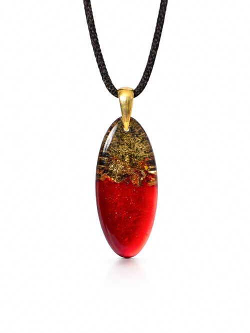 Pendentif en chêne noir ancien et feuille dorée – goutte, 39x16x6 mm – Élégance Intemporelle – ZILVANO