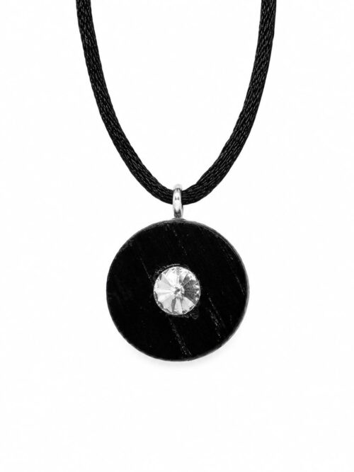 Bog Oak & Austrian Crystal Pendant – Round, 40x40x6 mm – crystal in the opening – ZILVANO