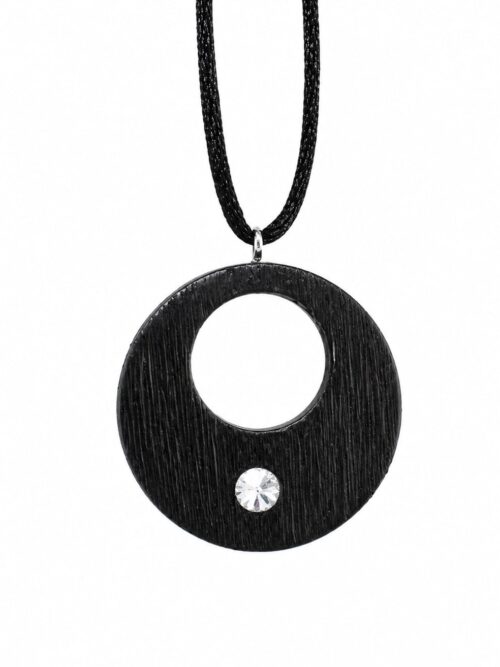 Bog Oak & Austrian Crystal Pendant – Round, 40x40x6 mm – large opening – ZILVANO