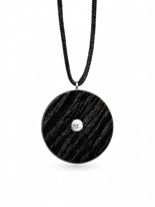 Bog Oak & Austrian Crystal Pendant – Round, 40x40x6 mm – small opening – ZILVANO