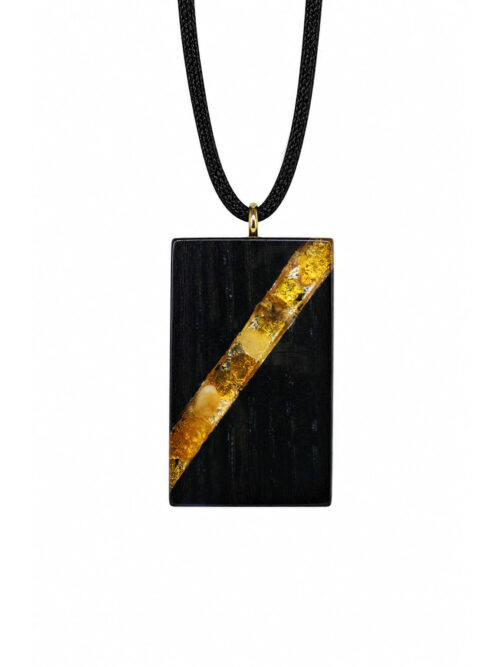 Bog Oak & Baltic Amber Pendant – Rectangle, 40x22x8 mm – broken amber stripe – ZILVANO