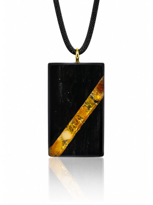 Bog Oak & Baltic Amber Pendant – Rectangle, 40x22x8 mm – narrow amber stripe – ZILVANO